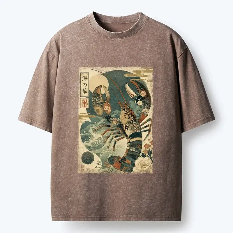 Kyoto-Lion Ornate Lobster And Japanese Sea Waves Washed T-Shirt