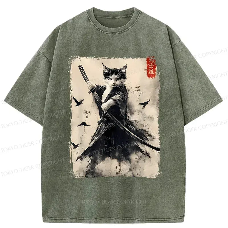 Retro Japanese Cat Samurai T-Shirt