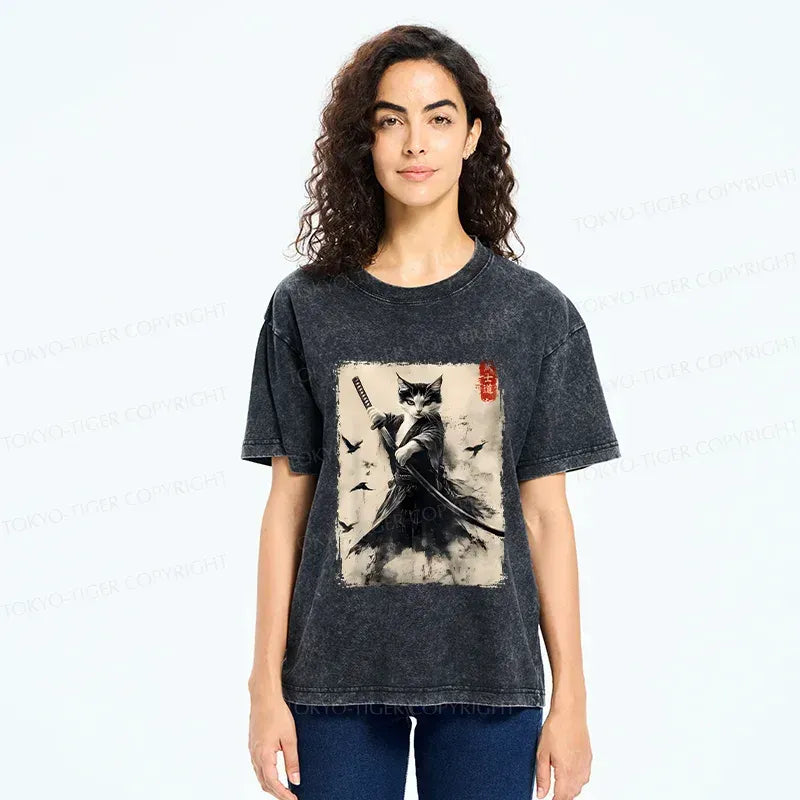 Kyoto-Lion Retro Cat Samurai Poster Washed T-Shirt