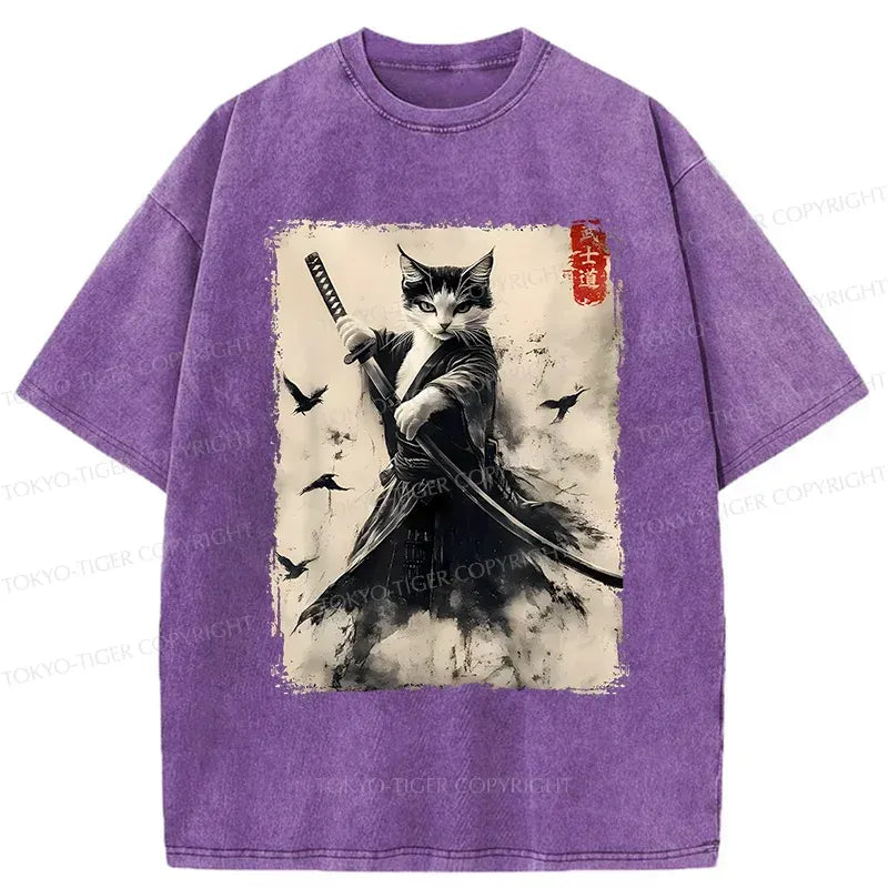 Kyoto-Lion Retro Cat Samurai Poster Washed T-Shirt