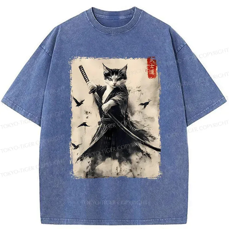 Washed Vintage Cat Samurai Tee for Daily Wear