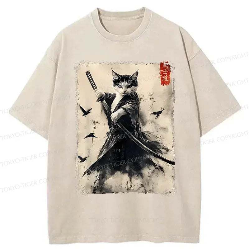 Washed Vintage Cat Samurai Tee for Daily Wear
