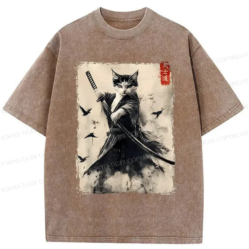 Washed Vintage Cat Samurai Tee for Daily Wear