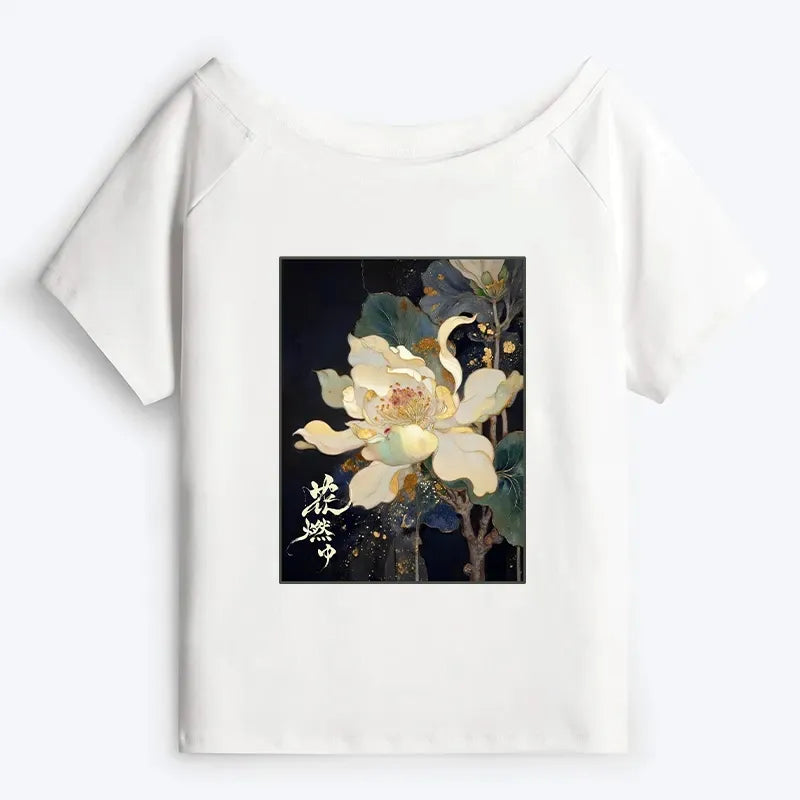Japanese Kyoto Lion Lotus Off Shoulder T-Shirt