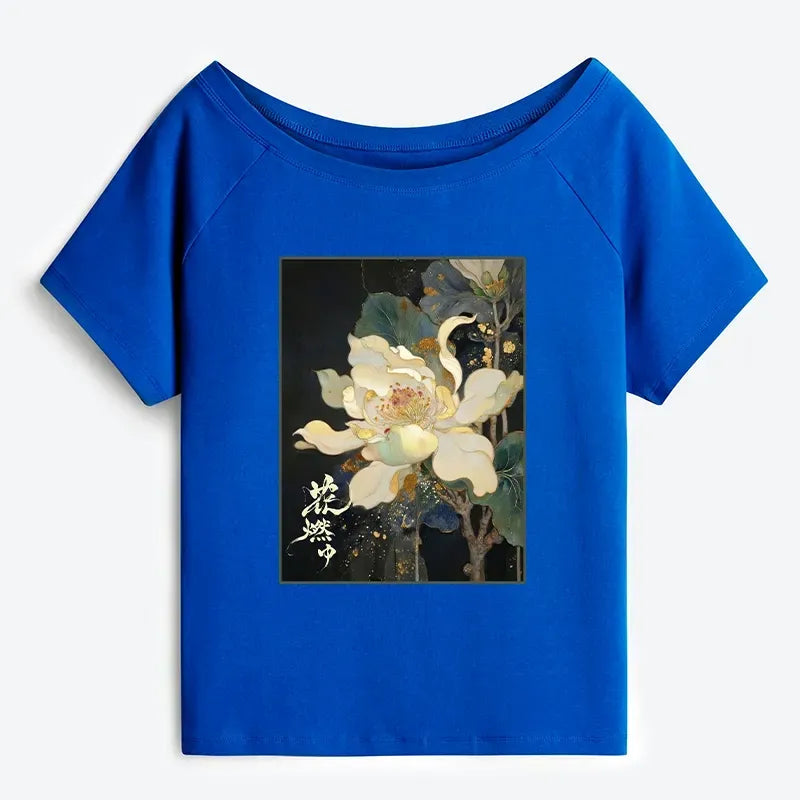Japanese Kyoto Lion Lotus Off Shoulder T-Shirt