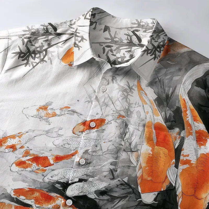 Unisex Koi Print Button-up Shirt for Gift