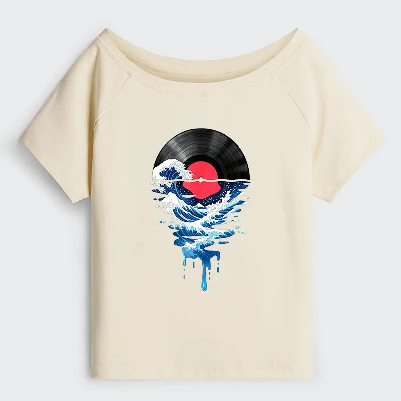 Kyoto-Lion Vinyl Records And Waves Off Shoulder T-Shirt