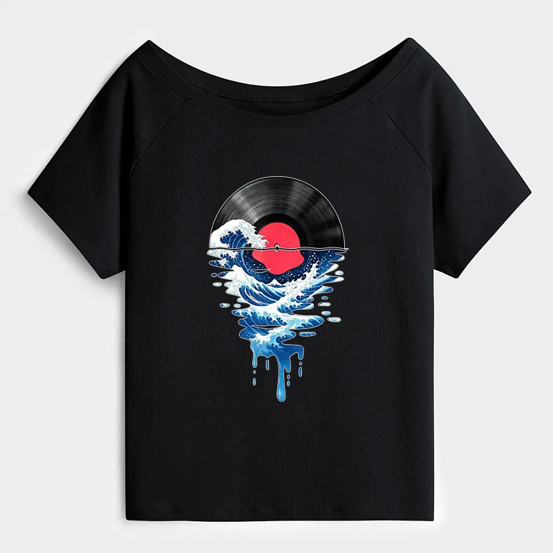Kyoto-Lion Vinyl Records And Waves Off Shoulder T-Shirt