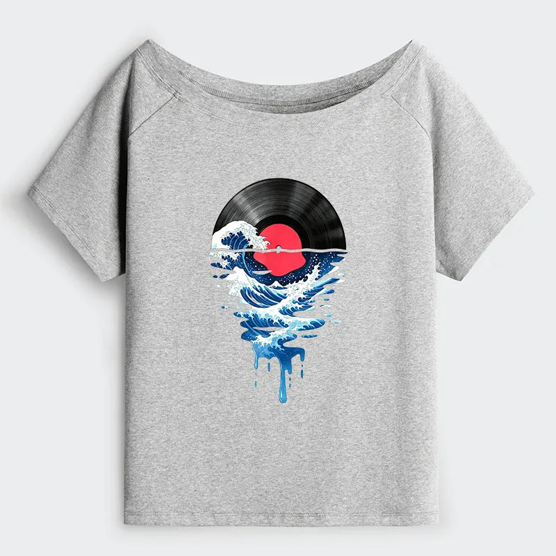 Kyoto-Lion Vinyl Records And Waves Off Shoulder T-Shirt