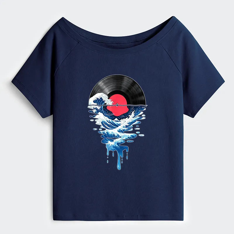 Kyoto-Lion Vinyl Records And Waves Off Shoulder T-Shirt