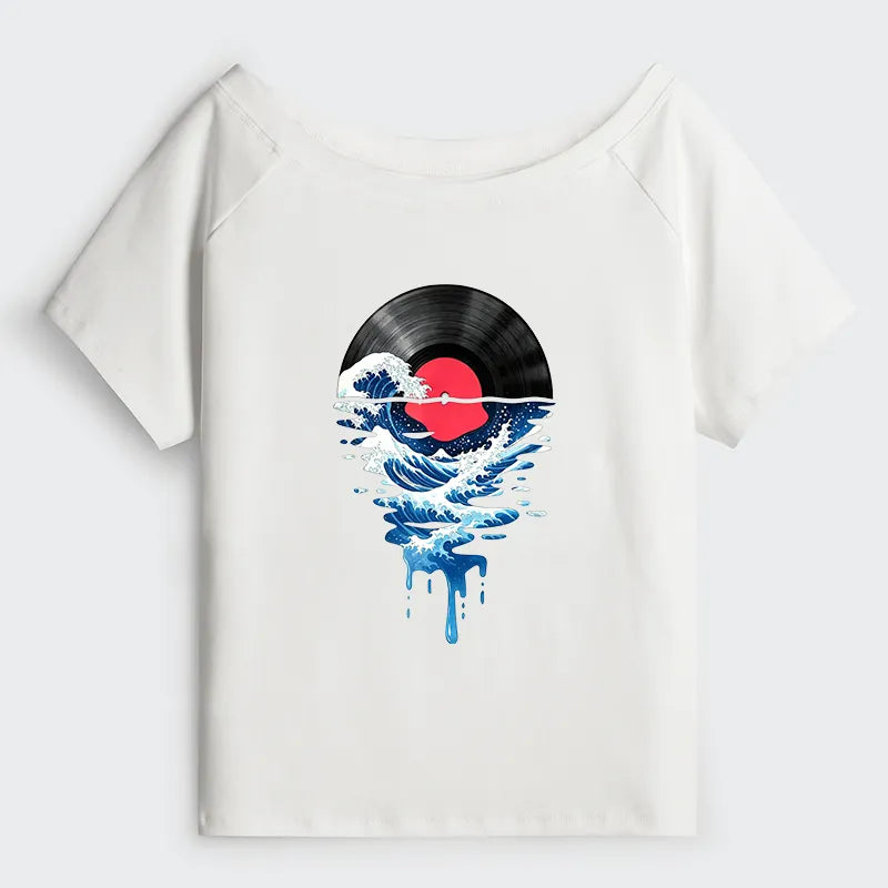 Kyoto-Lion Vinyl Records And Waves Off Shoulder T-Shirt