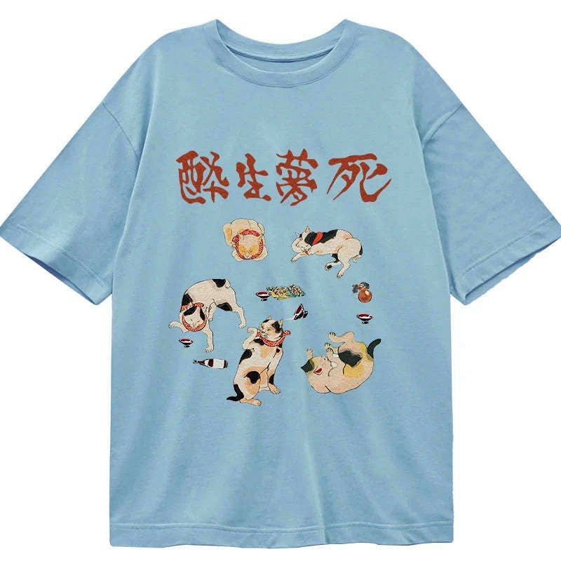 vintage japanese cat t-shirt comfortable daily wear