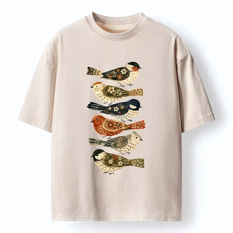 Kyoto-Lion Colorful Folk Birds In Earthy Tones Washed T-Shirt