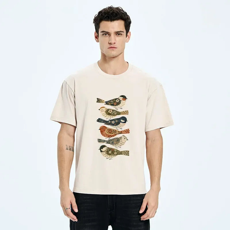 Colorful Folk Birds Washed T-Shirt Gift Idea