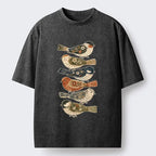 Kyoto-Lion Colorful Folk Birds In Earthy Tones Washed T-Shirt