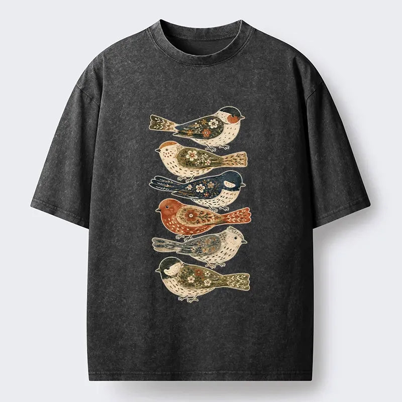 Kyoto-Lion Colorful Folk Birds In Earthy Tones Washed T-Shirt