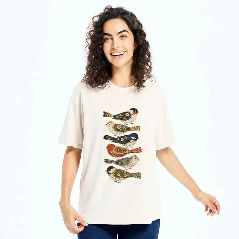 Colorful Folk Birds Washed T-Shirt Gift Idea