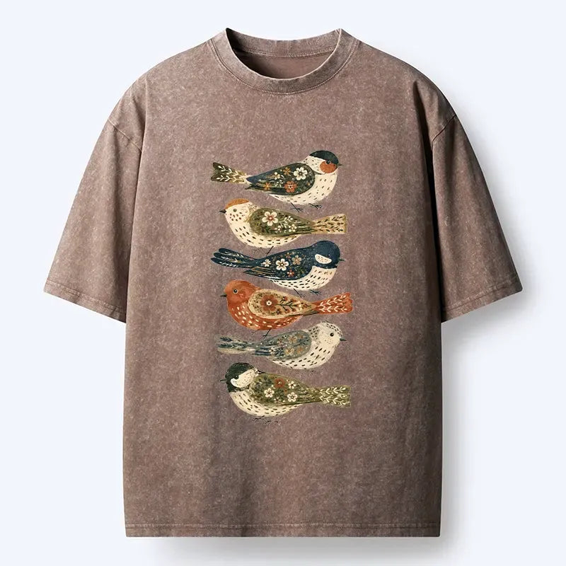 Kyoto-Lion Colorful Folk Birds In Earthy Tones Washed T-Shirt