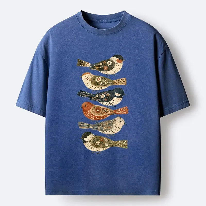 Kyoto-Lion Colorful Folk Birds In Earthy Tones Washed T-Shirt