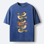Kyoto-Lion Colorful Folk Birds In Earthy Tones Washed T-Shirt