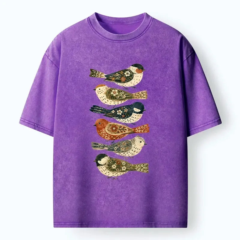 Kyoto-Lion Colorful Folk Birds In Earthy Tones Washed T-Shirt
