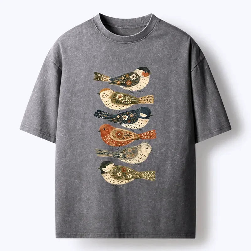 Kyoto-Lion Colorful Folk Birds In Earthy Tones Washed T-Shirt