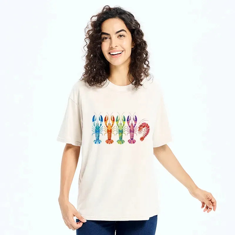 Kyoto-Lion Colorful Crawfish Ocean Life Art Washed T-Shirt