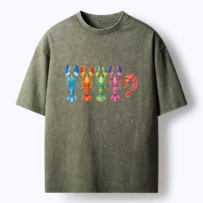 Kyoto-Lion Colorful Crawfish Ocean Life Art Washed T-Shirt