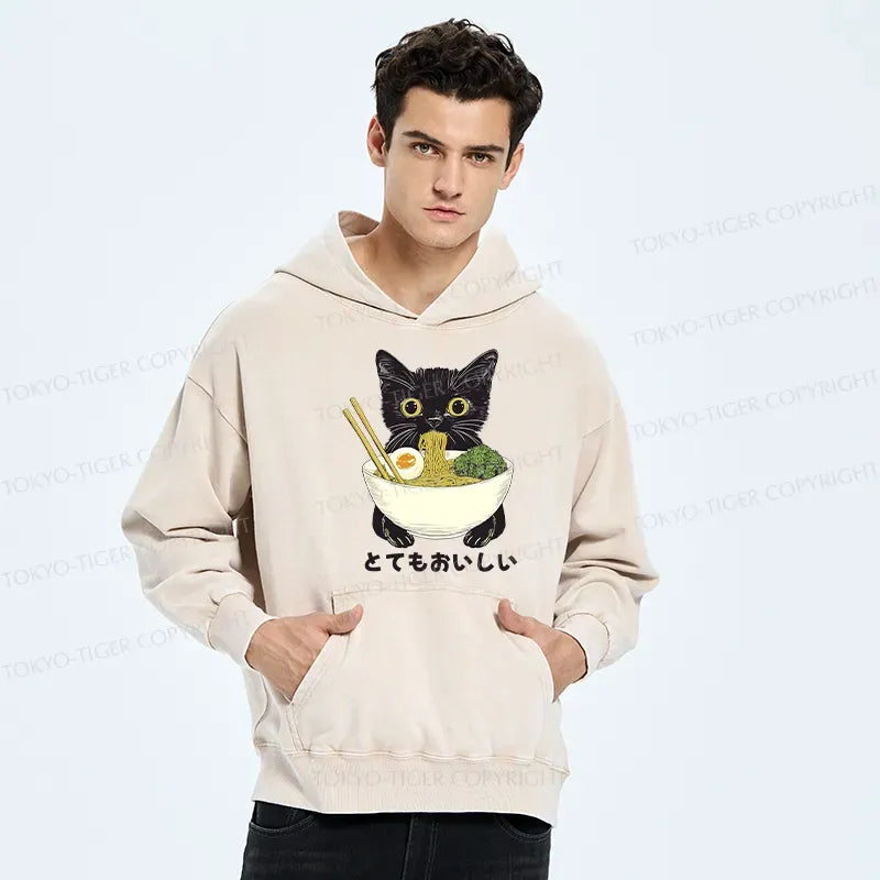 Kyoto-Lion Ramen Lover Cute Cat Washed Hoodie