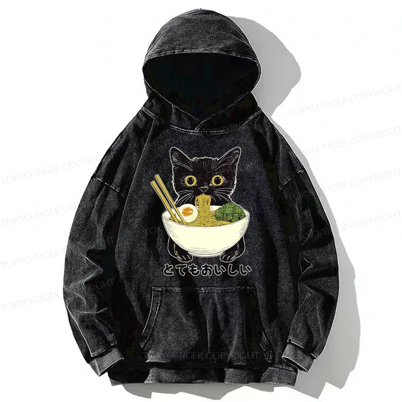 Kyoto-Lion Ramen Lover Cute Cat Washed Hoodie