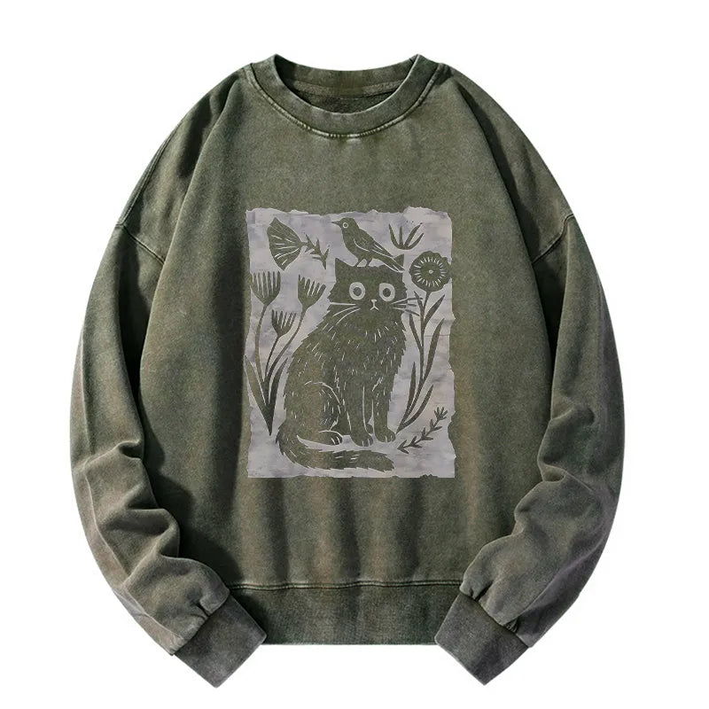 Kyoto-Lion Folk Paper Cut Cat Bird Floral Art Washed Sweatshirt
