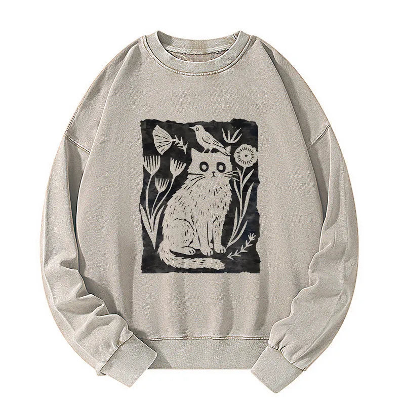 Kyoto-Lion Folk Paper Cut Cat Bird Floral Art Washed Sweatshirt