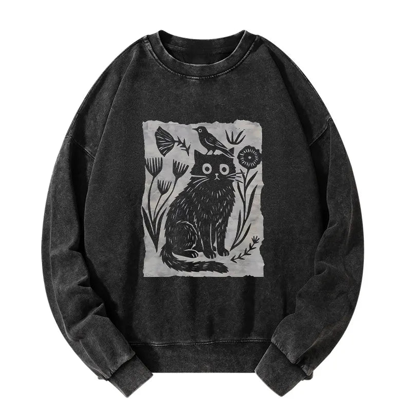 Kyoto-Lion Folk Paper Cut Cat Bird Floral Art Washed Sweatshirt