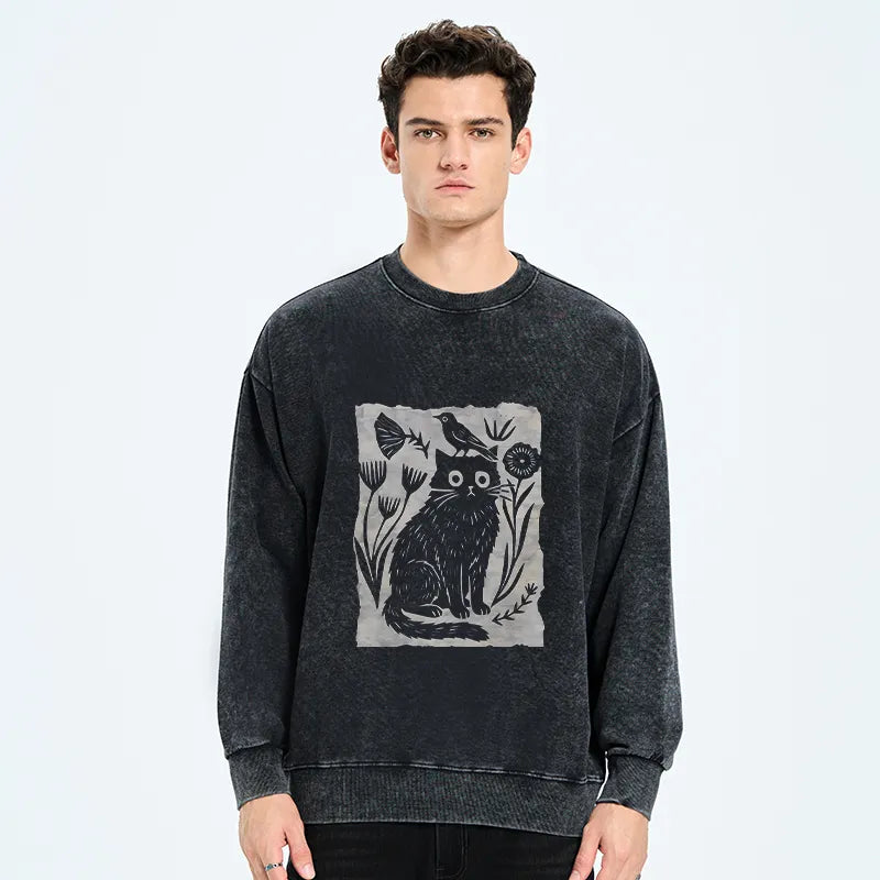 Kyoto-Lion Folk Paper Cut Cat Bird Floral Art Washed Sweatshirt