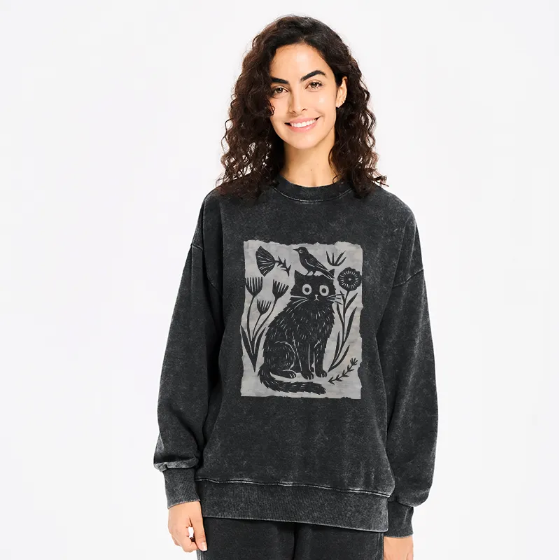 Kyoto-Lion Folk Paper Cut Cat Bird Floral Art Washed Sweatshirt