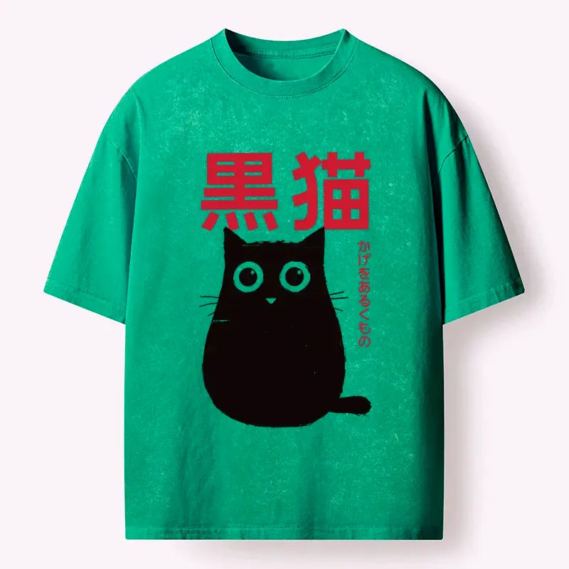 Kyoto-Lion Round Black Cat Washed T-Shirt