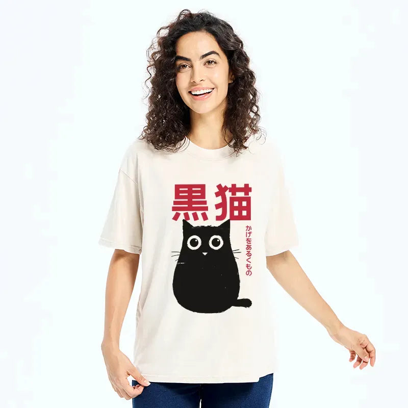 Japanese Black Cat Washed T-Shirt