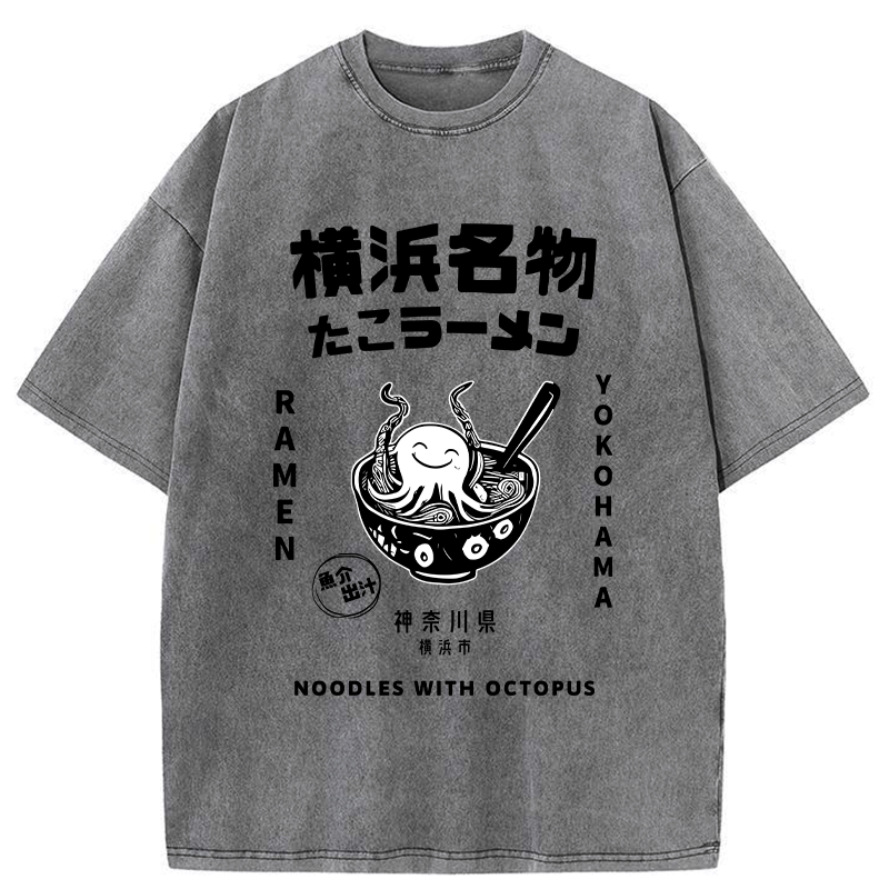 Kyoto-Lion Yokohama Specialty Octopus Ramen Washed T-Shirt