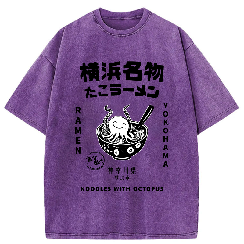 Kyoto-Lion Yokohama Specialty Octopus Ramen Washed T-Shirt