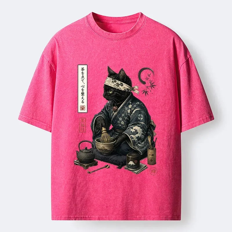 Kyoto-Lion Samurai Cat Makes Matcha Tea Art Washed T-Shirt