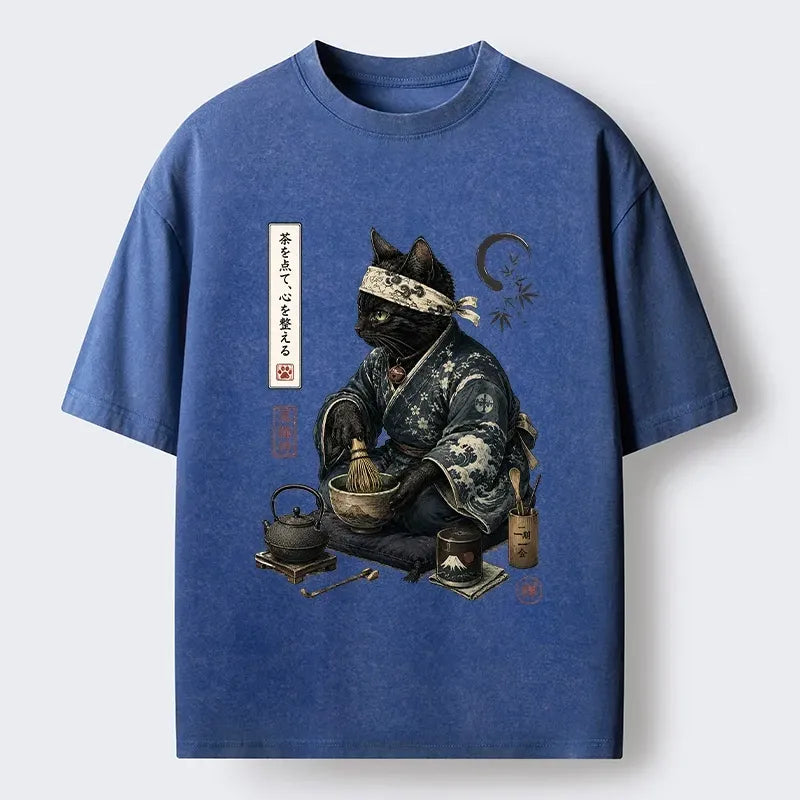 Kyoto-Lion Samurai Cat Makes Matcha Tea Art Washed T-Shirt