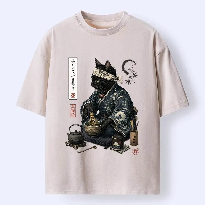 Kyoto-Lion Samurai Cat Makes Matcha Tea Art Washed T-Shirt