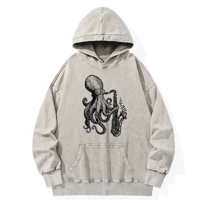 Kyoto-Lion Octopus Playing Saxophone Washed Hoodie