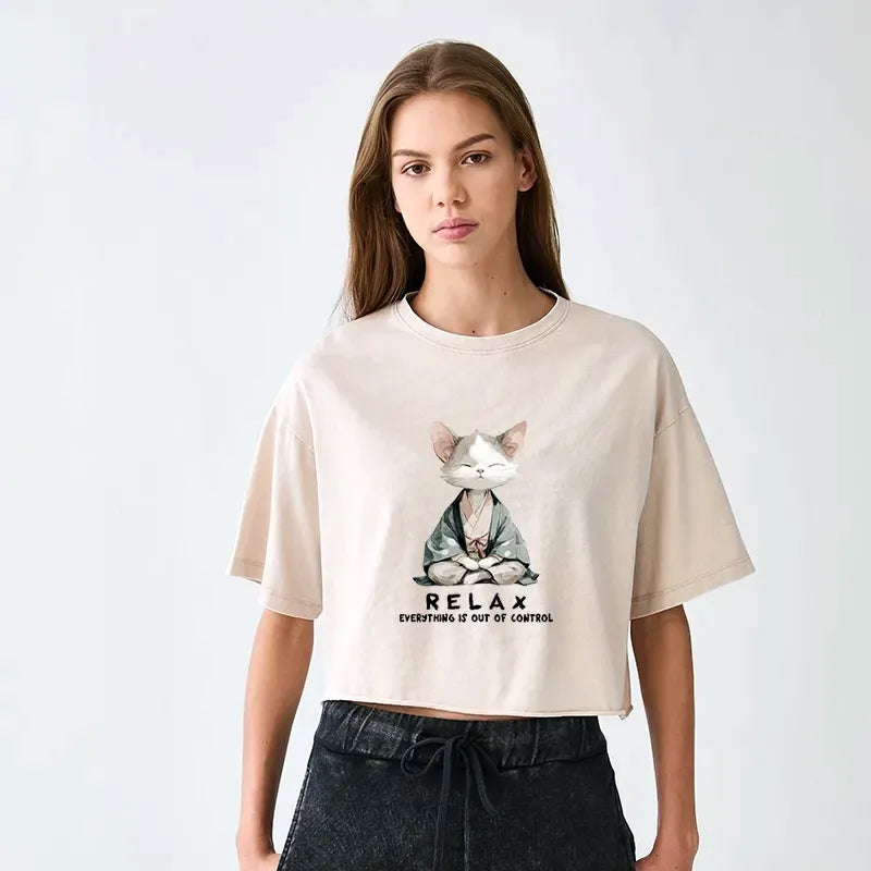 Kyoto-Lion Zen Cat Relaxation£¬Everything's Out Of Control Women's Washed Crop T-Shirt