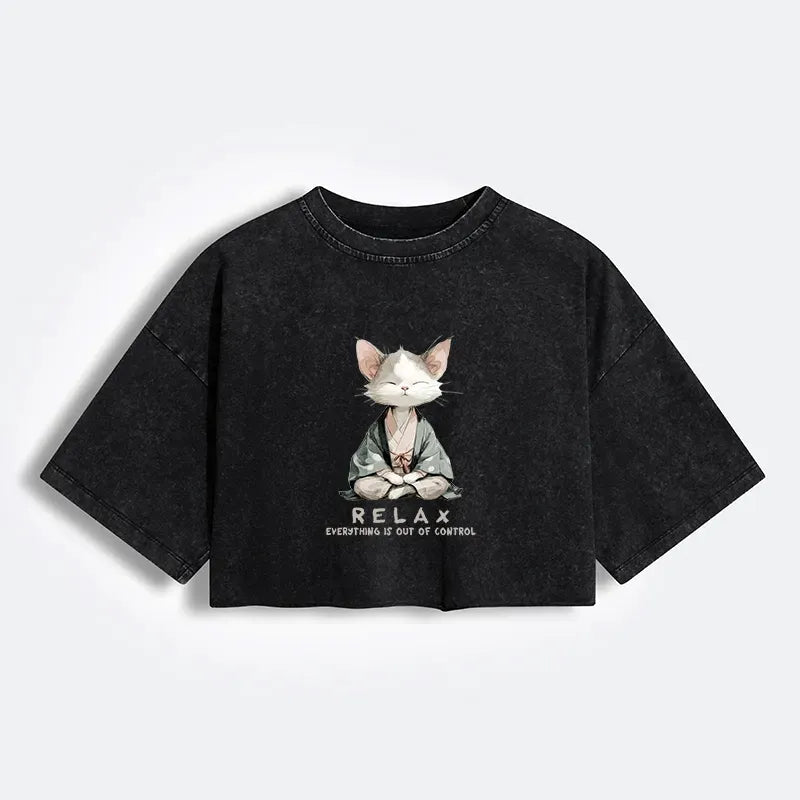 Kyoto-Lion Zen Cat Relaxation£¬Everything's Out Of Control Women's Washed Crop T-Shirt