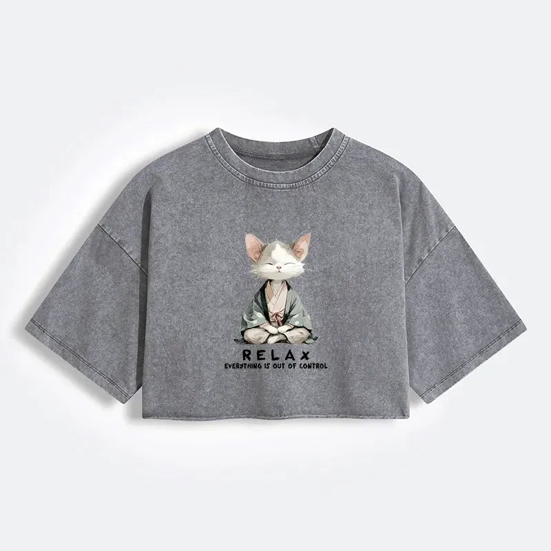 Kyoto-Lion Zen Cat Relaxation£¬Everything's Out Of Control Women's Washed Crop T-Shirt
