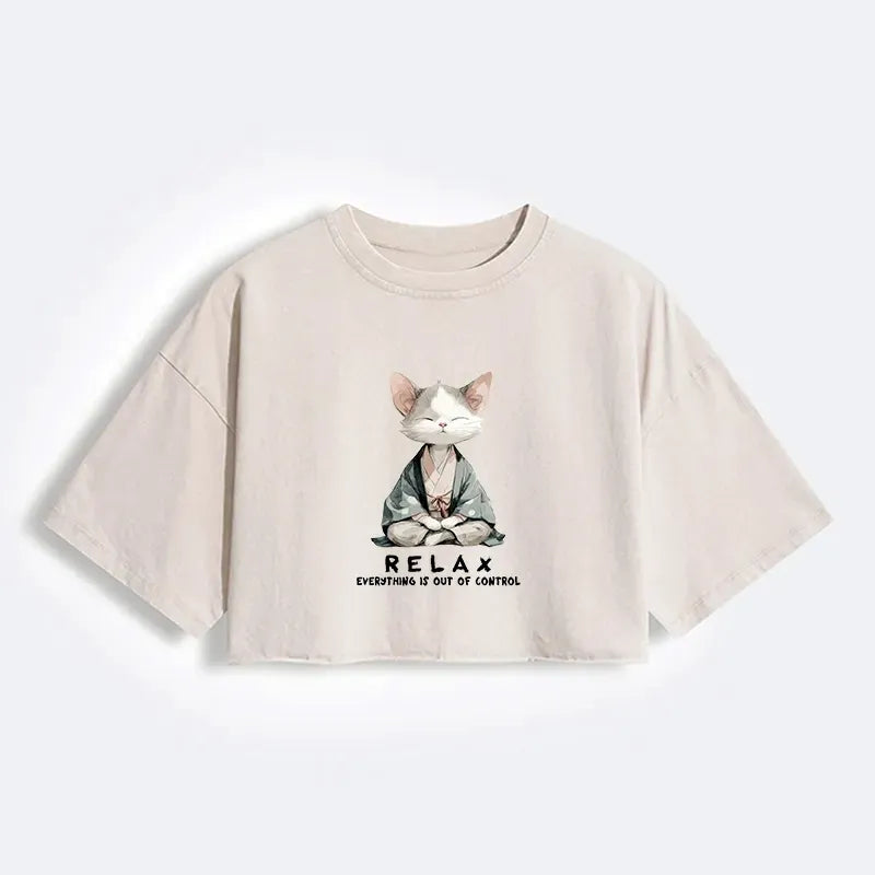 Kyoto-Lion Zen Cat Relaxation£¬Everything's Out Of Control Women's Washed Crop T-Shirt