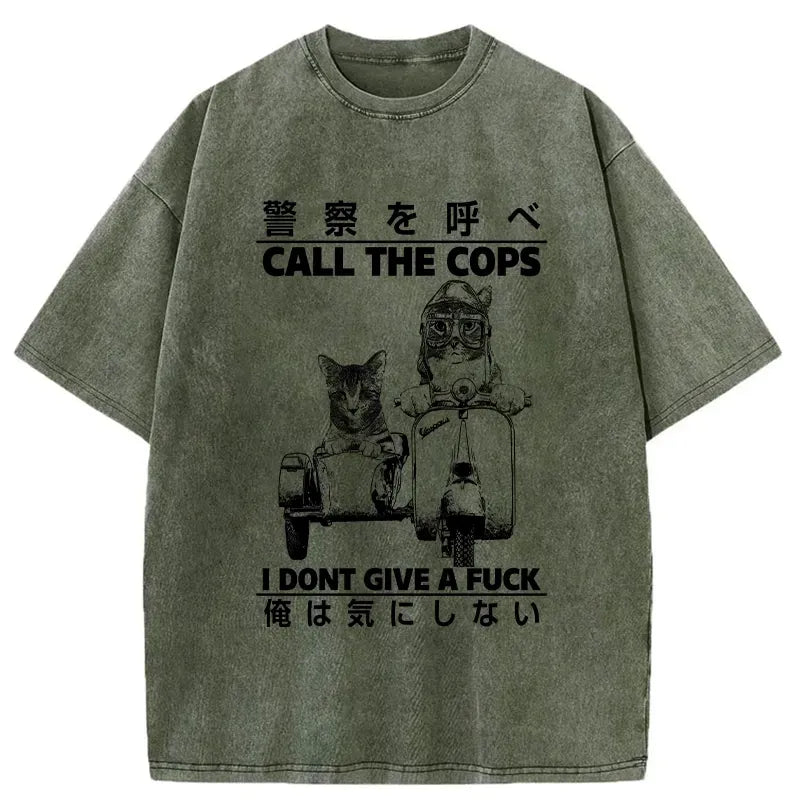 Kyoto-Lion Funny Cat Riding A Motorcycle Washed T-Shirt