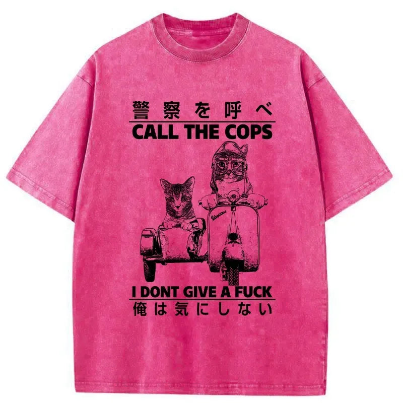Kyoto-Lion Funny Cat Riding A Motorcycle Washed T-Shirt
