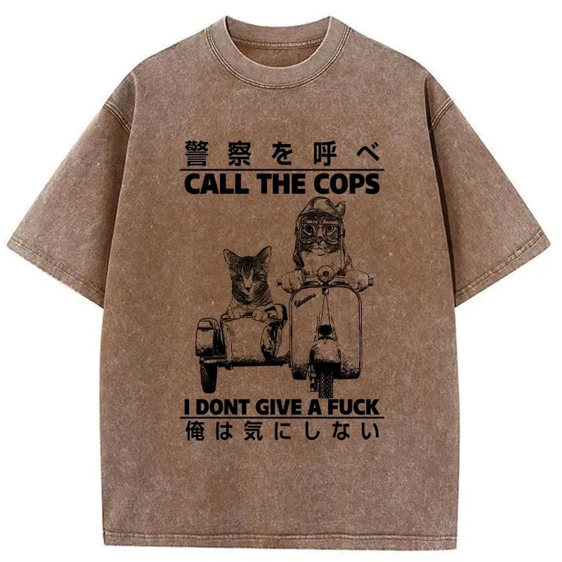 Kyoto-Lion Funny Cat Riding A Motorcycle Washed T-Shirt